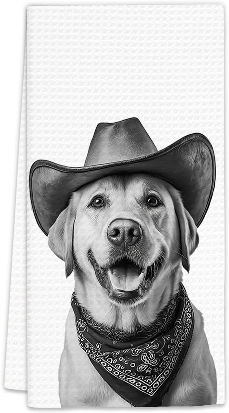 FIicy Labrador Retriever Gifts Western Dog Kitchen Towels, Gifts for Labrador Retriever Lovers Cowboy Decorative Hand Dish Tea Towel for Kitchen, Funny Dog Cowboy Cowgirl Home Bathroom Decor(16x24In) - Image 1